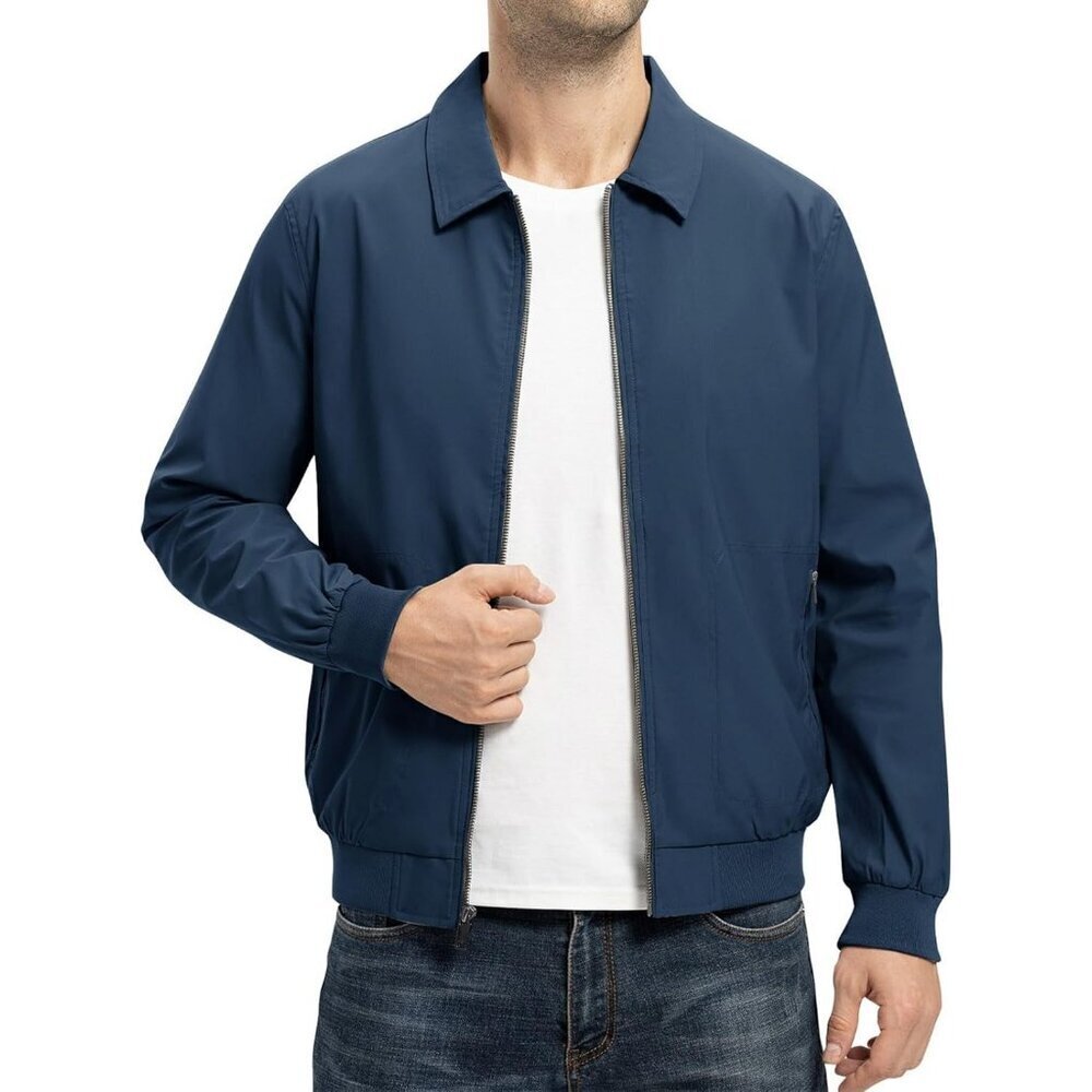 Men's Lightweight Track Jackets Golf Coats Navy Casual Stylish Laydown Collar